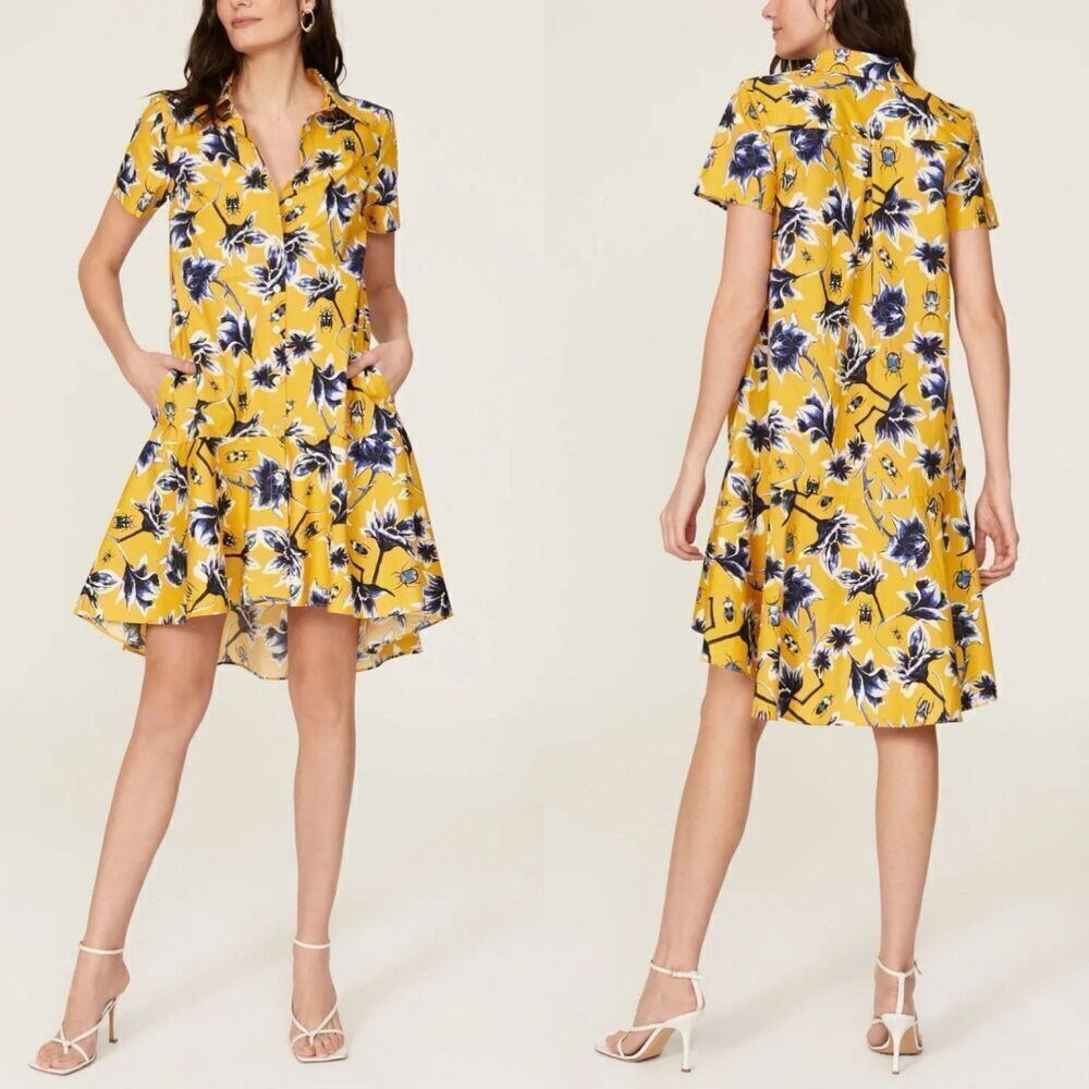 OSMAN YOUSEFZADA Beetle Print Shirtdress Women 2 Yellow Floral Scarab Cotton